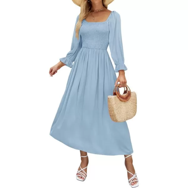 imageZESICA Womens Casual Square Neck 34 Puff Sleeve Solid Color Smocked High Waist Flowy Midi DressBlue