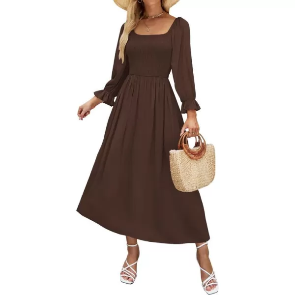 imageZESICA Womens Casual Square Neck 34 Puff Sleeve Solid Color Smocked High Waist Flowy Midi DressCoffee