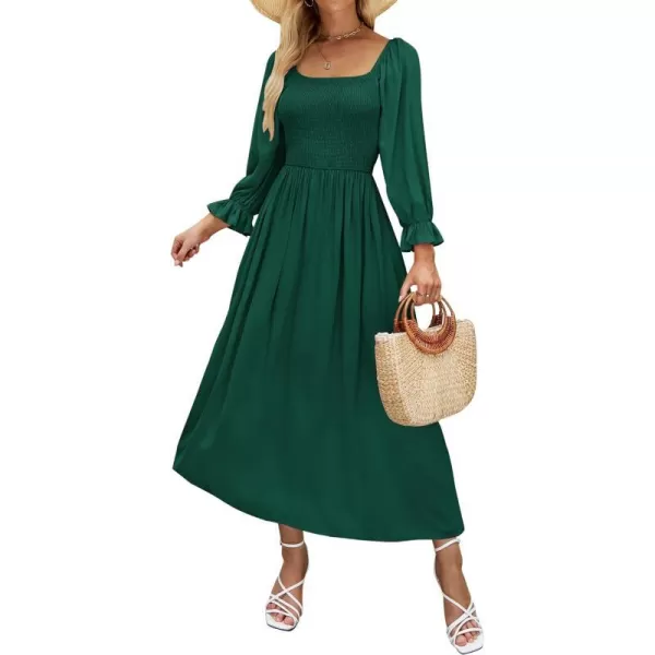 imageZESICA Womens Casual Square Neck 34 Puff Sleeve Solid Color Smocked High Waist Flowy Midi DressDarkgreen