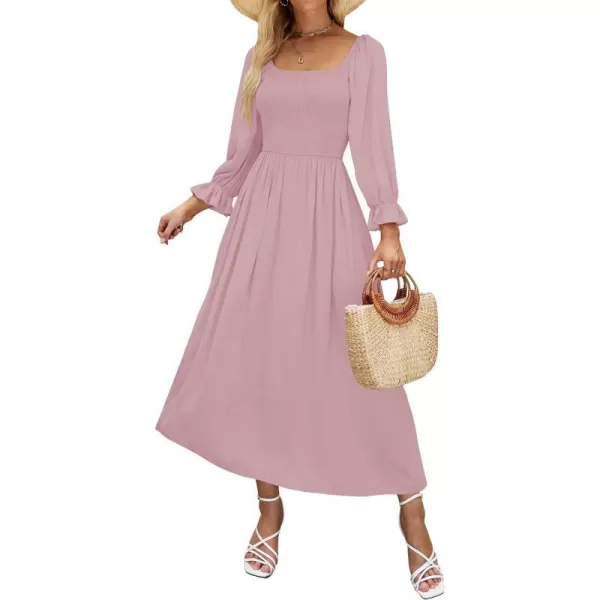 imageZESICA Womens Casual Square Neck 34 Puff Sleeve Solid Color Smocked High Waist Flowy Midi DressDarkpink