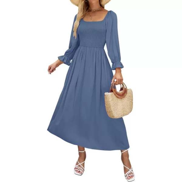 imageZESICA Womens Casual Square Neck 34 Puff Sleeve Solid Color Smocked High Waist Flowy Midi DressDustyblue