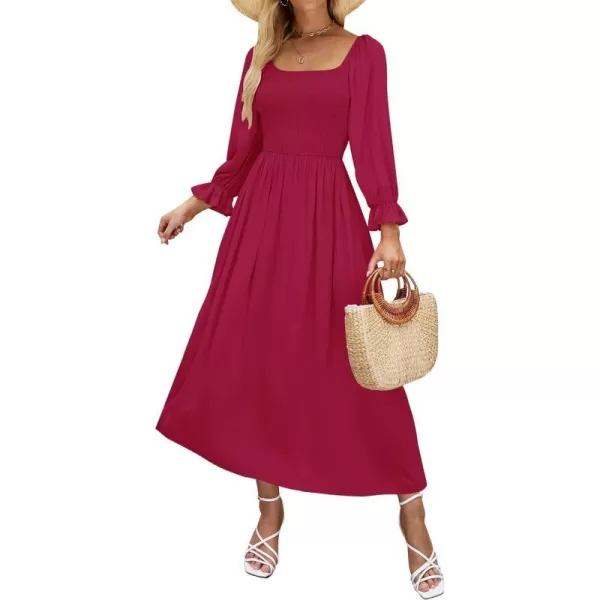 imageZESICA Womens Casual Square Neck 34 Puff Sleeve Solid Color Smocked High Waist Flowy Midi DressFuchsia