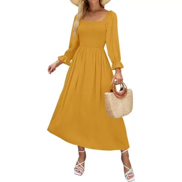 imageZESICA Womens Casual Square Neck 34 Puff Sleeve Solid Color Smocked High Waist Flowy Midi DressGinger