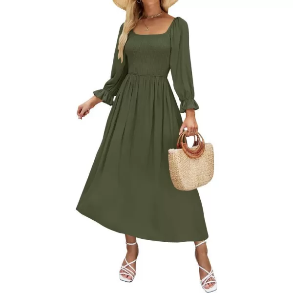 imageZESICA Womens Casual Square Neck 34 Puff Sleeve Solid Color Smocked High Waist Flowy Midi DressOlive