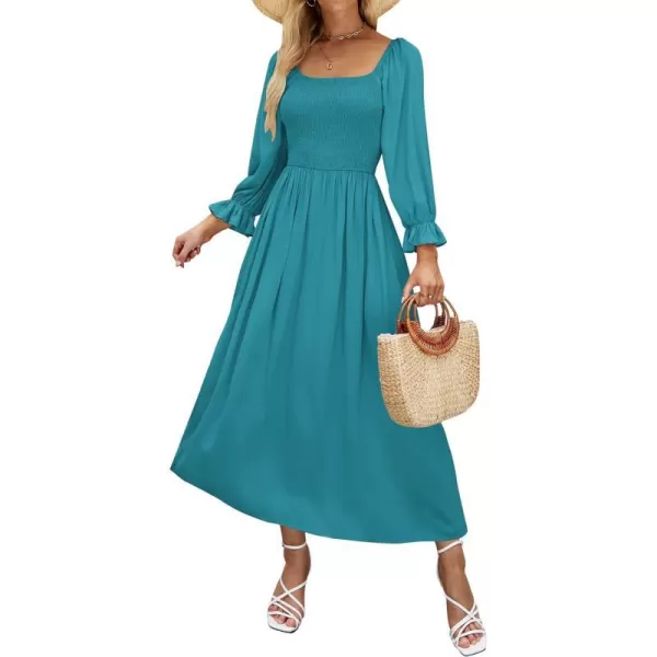 imageZESICA Womens Casual Square Neck 34 Puff Sleeve Solid Color Smocked High Waist Flowy Midi DressPeacock