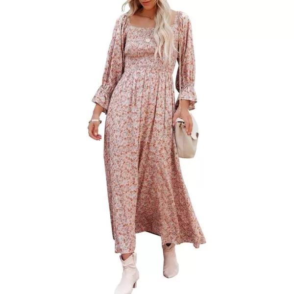 imageZESICA Womens Casual Square Neck 34 Puff Sleeve Solid Color Smocked High Waist Flowy Midi DressPink