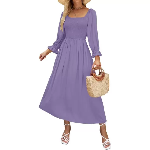 imageZESICA Womens Casual Square Neck 34 Puff Sleeve Solid Color Smocked High Waist Flowy Midi DressPurple