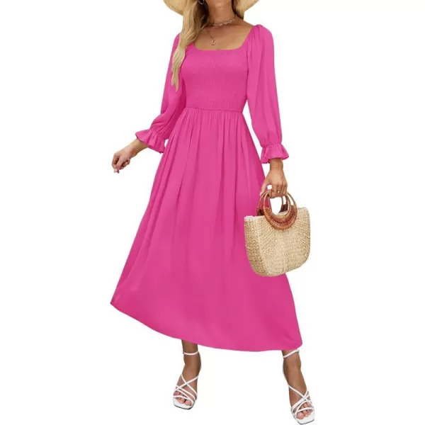 imageZESICA Womens Casual Square Neck 34 Puff Sleeve Solid Color Smocked High Waist Flowy Midi DressRose