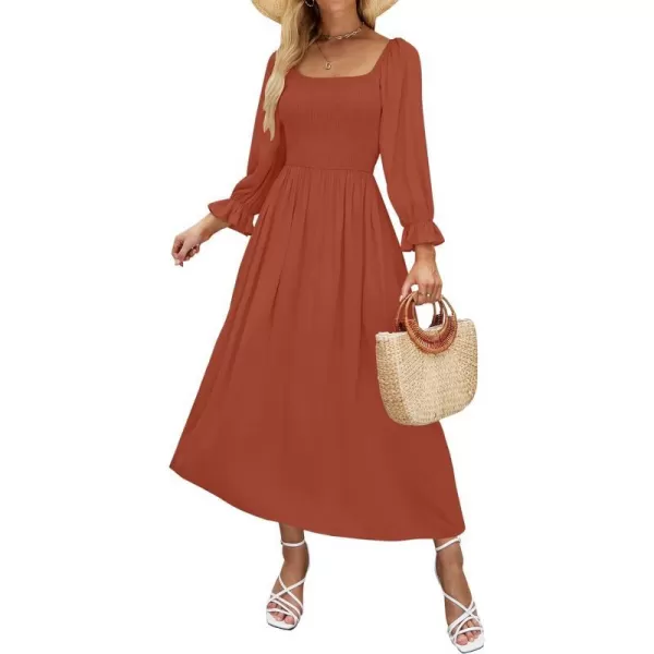 imageZESICA Womens Casual Square Neck 34 Puff Sleeve Solid Color Smocked High Waist Flowy Midi DressRust