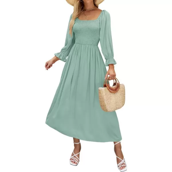 imageZESICA Womens Casual Square Neck 34 Puff Sleeve Solid Color Smocked High Waist Flowy Midi DressSage