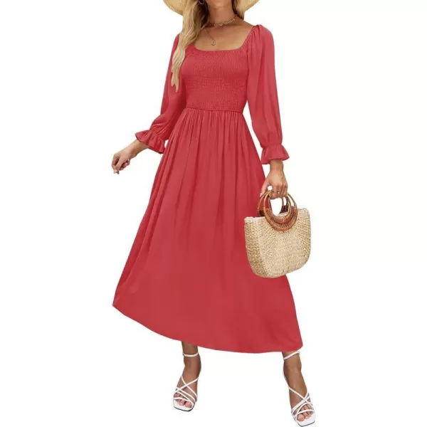 imageZESICA Womens Casual Square Neck 34 Puff Sleeve Solid Color Smocked High Waist Flowy Midi DressWatermelonred