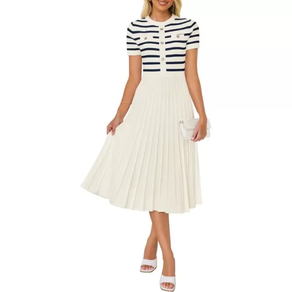 imageZESICA Womens Casual Striped Midi Dress Crewneck Short Sleeve Button Ribbed Knit Swing Pleated A Line DressesBeige