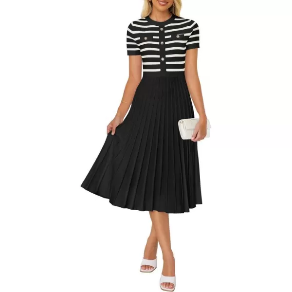 imageZESICA Womens Casual Striped Midi Dress Crewneck Short Sleeve Button Ribbed Knit Swing Pleated A Line DressesBlack