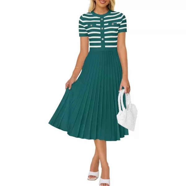 imageZESICA Womens Casual Striped Midi Dress Crewneck Short Sleeve Button Ribbed Knit Swing Pleated A Line DressesDarkgreen
