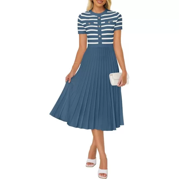 imageZESICA Womens Casual Striped Midi Dress Crewneck Short Sleeve Button Ribbed Knit Swing Pleated A Line DressesDusty Blue