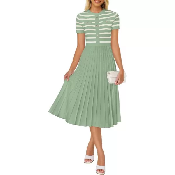 imageZESICA Womens Casual Striped Midi Dress Crewneck Short Sleeve Button Ribbed Knit Swing Pleated A Line DressesLight Green