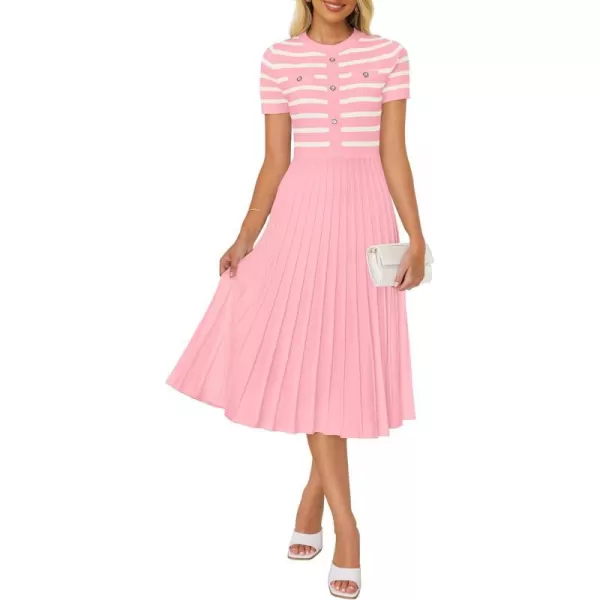 imageZESICA Womens Casual Striped Midi Dress Crewneck Short Sleeve Button Ribbed Knit Swing Pleated A Line DressesPink