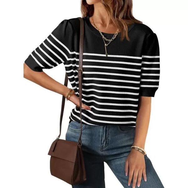 imageZESICA Womens Casual Striped Tops Short Sleeve Crew Neck Ribbed Knit T Shirts Comfy Loose Basic Pullover SweaterBlack