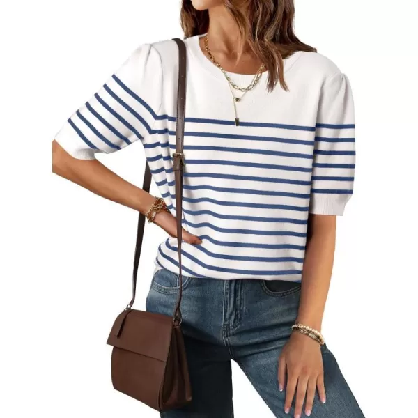 imageZESICA Womens Casual Striped Tops Short Sleeve Crew Neck Ribbed Knit T Shirts Comfy Loose Basic Pullover SweaterBlue