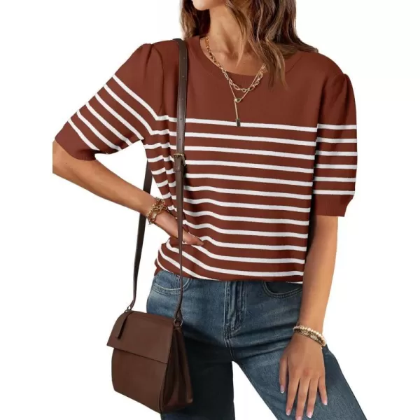 imageZESICA Womens Casual Striped Tops Short Sleeve Crew Neck Ribbed Knit T Shirts Comfy Loose Basic Pullover SweaterBrown