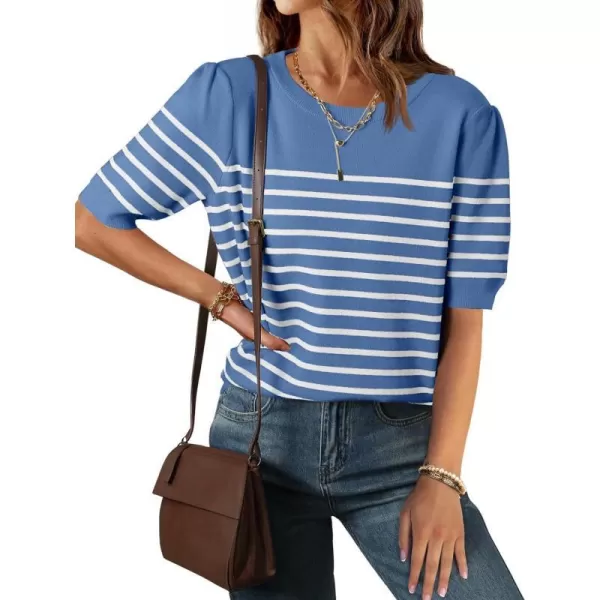 imageZESICA Womens Casual Striped Tops Short Sleeve Crew Neck Ribbed Knit T Shirts Comfy Loose Basic Pullover SweaterDusty Blue
