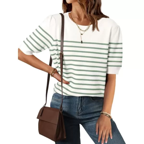 imageZESICA Womens Casual Striped Tops Short Sleeve Crew Neck Ribbed Knit T Shirts Comfy Loose Basic Pullover SweaterLight Green