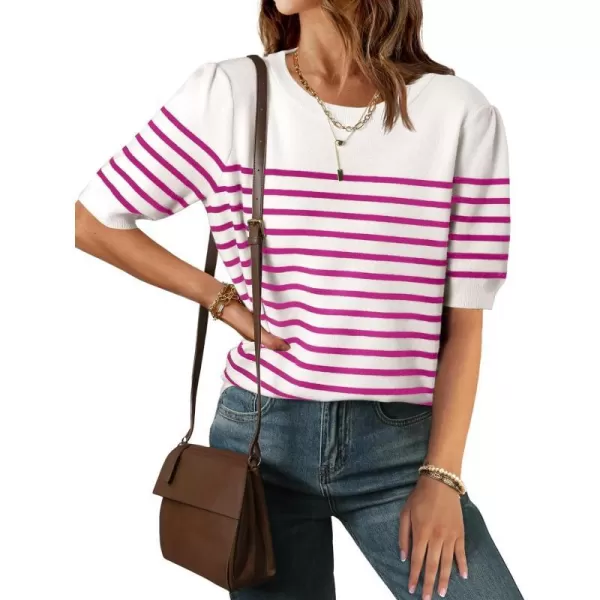 imageZESICA Womens Casual Striped Tops Short Sleeve Crew Neck Ribbed Knit T Shirts Comfy Loose Basic Pullover SweaterRosered