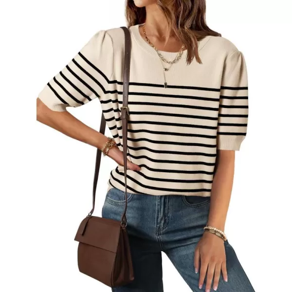 imageZESICA Womens Casual Striped Tops Short Sleeve Crew Neck Ribbed Knit T Shirts Comfy Loose Basic Pullover SweaterSand