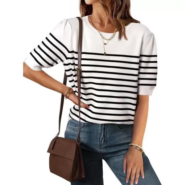imageZESICA Womens Casual Striped Tops Short Sleeve Crew Neck Ribbed Knit T Shirts Comfy Loose Basic Pullover SweaterWhite