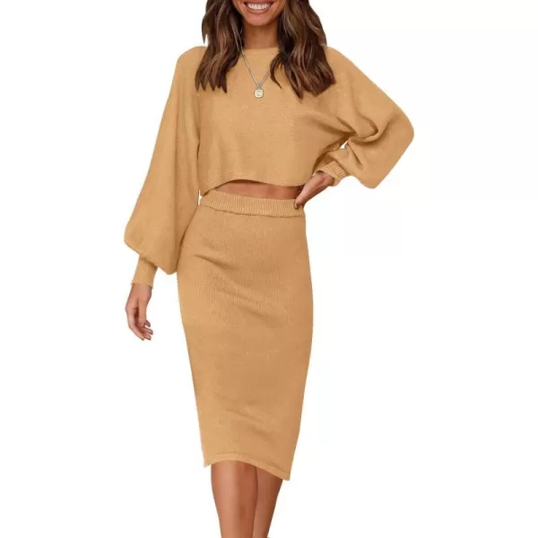 imageZESICA Womens Casual Two Piece Outfits Long Sleeve Ribbed Knit Top and Bodycon Midi Skirt Oversized Pullover Sweater SetsCamel