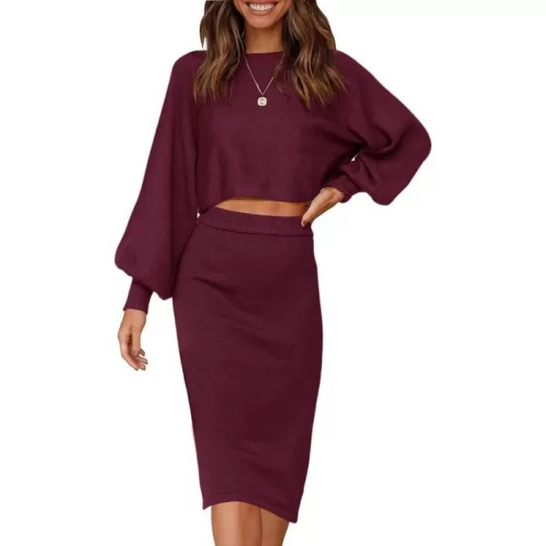 imageZESICA Womens Casual Two Piece Outfits Long Sleeve Ribbed Knit Top and Bodycon Midi Skirt Oversized Pullover Sweater SetsWine