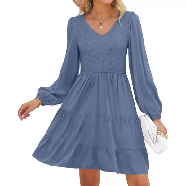 imageZESICA Womens Casual V Neck Long Sleeve Smocked High Waist Ruffle A Line Tiered Mini DressDustyblue