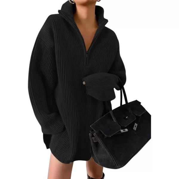 imageZESICA Womens Casual V Neck Sweater Dress Oversized Long Sleeve Zip Up Ribbed Knit Loose Pullover Tunic DressesBlack