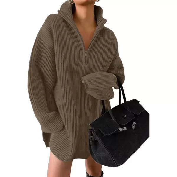 imageZESICA Womens Casual V Neck Sweater Dress Oversized Long Sleeve Zip Up Ribbed Knit Loose Pullover Tunic DressesCoffee
