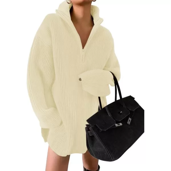 imageZESICA Womens Casual V Neck Sweater Dress Oversized Long Sleeve Zip Up Ribbed Knit Loose Pullover Tunic DressesCream