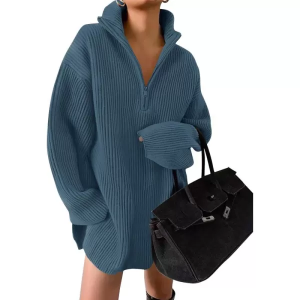 imageZESICA Womens Casual V Neck Sweater Dress Oversized Long Sleeve Zip Up Ribbed Knit Loose Pullover Tunic DressesDarkblue