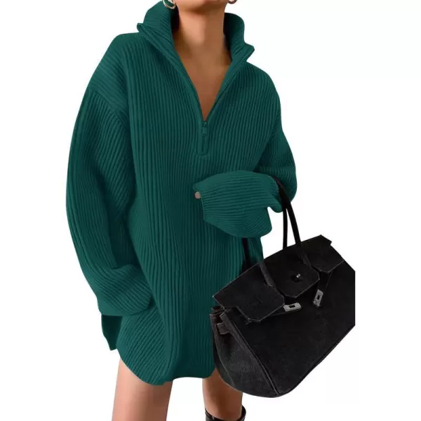 imageZESICA Womens Casual V Neck Sweater Dress Oversized Long Sleeve Zip Up Ribbed Knit Loose Pullover Tunic DressesDarkgreen