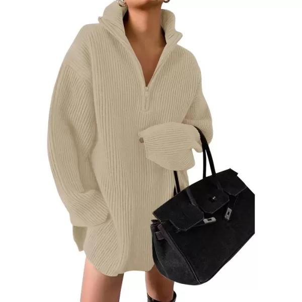 imageZESICA Womens Casual V Neck Sweater Dress Oversized Long Sleeve Zip Up Ribbed Knit Loose Pullover Tunic DressesKhaki