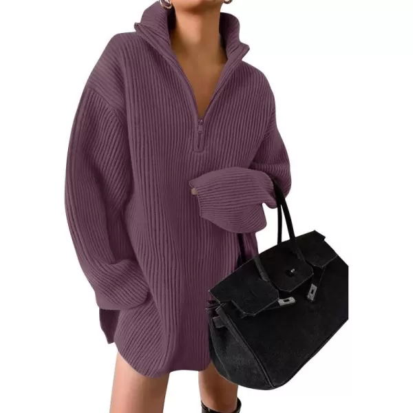 imageZESICA Womens Casual V Neck Sweater Dress Oversized Long Sleeve Zip Up Ribbed Knit Loose Pullover Tunic DressesPurple