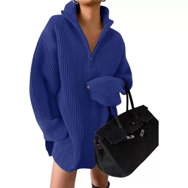 imageZESICA Womens Casual V Neck Sweater Dress Oversized Long Sleeve Zip Up Ribbed Knit Loose Pullover Tunic DressesRoyalblue