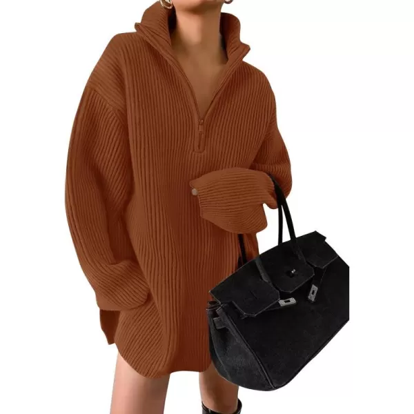 imageZESICA Womens Casual V Neck Sweater Dress Oversized Long Sleeve Zip Up Ribbed Knit Loose Pullover Tunic DressesRust