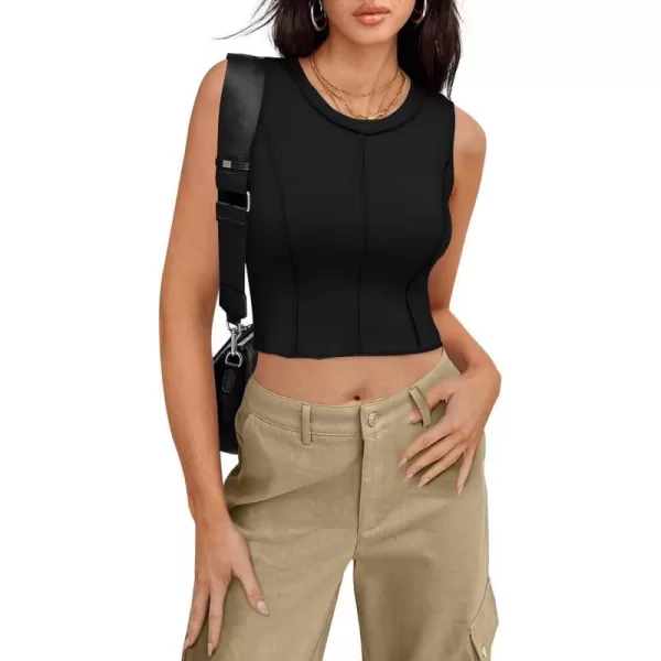 imageZESICA Womens Crop Tank Top 2024 Summer Sleeveless Crew Neck Seam Waffle Knit Slim Fitted Y2k TopsBlack