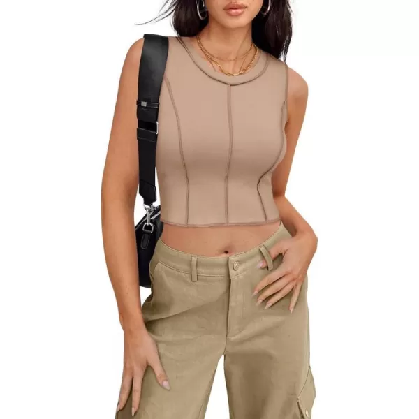 imageZESICA Womens Crop Tank Top 2024 Summer Sleeveless Crew Neck Seam Waffle Knit Slim Fitted Y2k TopsKhaki