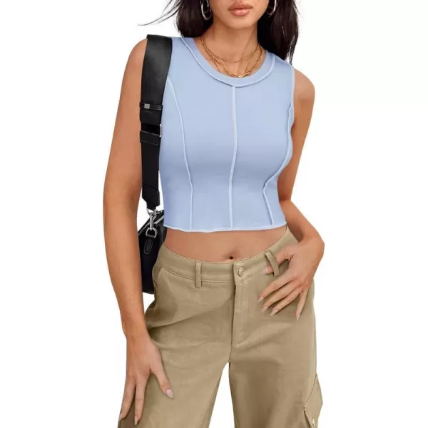 imageZESICA Womens Crop Tank Top 2024 Summer Sleeveless Crew Neck Seam Waffle Knit Slim Fitted Y2k TopsLightblue