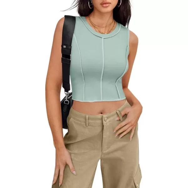 imageZESICA Womens Crop Tank Top 2024 Summer Sleeveless Crew Neck Seam Waffle Knit Slim Fitted Y2k TopsLightgreen