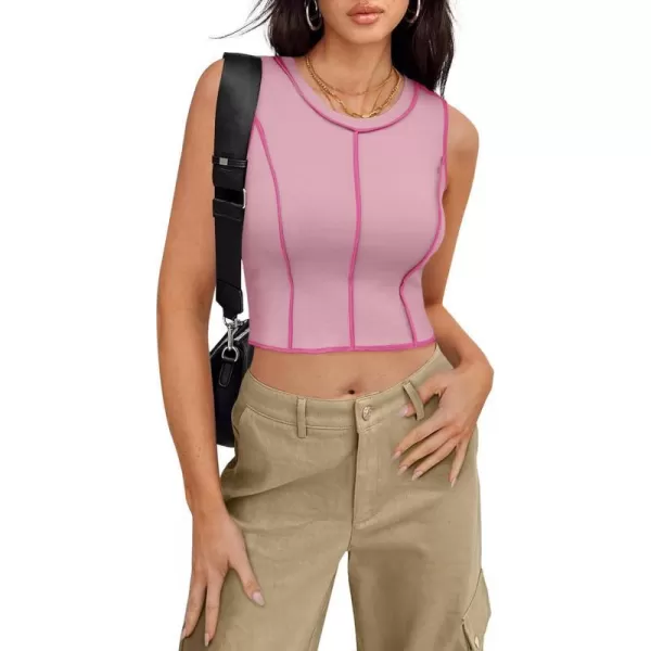 imageZESICA Womens Crop Tank Top 2024 Summer Sleeveless Crew Neck Seam Waffle Knit Slim Fitted Y2k TopsPink