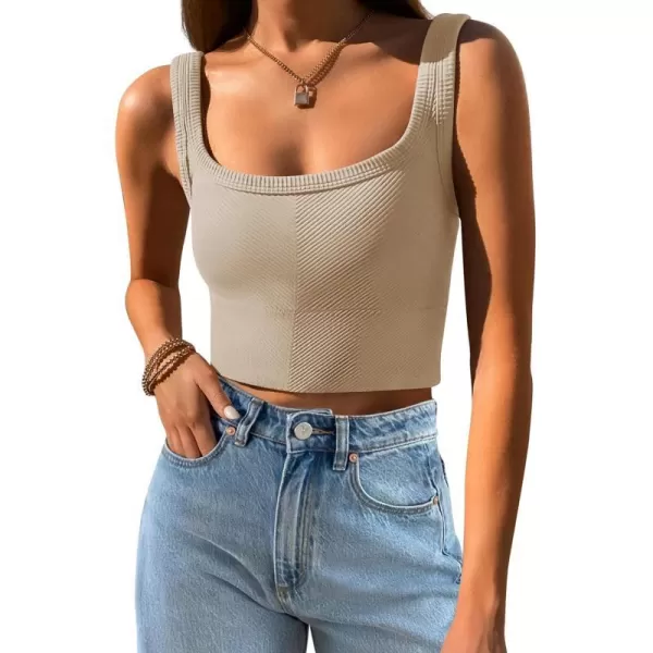 imageZESICA Womens Crop Tank Tops Ribbed Square Neck Basic Workout Yoga Tops Summer Sleeveless ShirtsAlmond