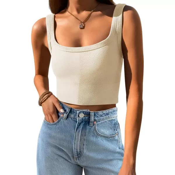 imageZESICA Womens Crop Tank Tops Ribbed Square Neck Basic Workout Yoga Tops Summer Sleeveless ShirtsBeige