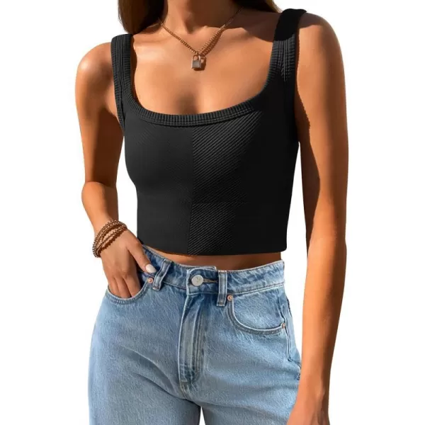 imageZESICA Womens Crop Tank Tops Ribbed Square Neck Basic Workout Yoga Tops Summer Sleeveless ShirtsBlack