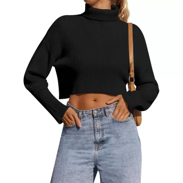 imageZESICA Womens Cropped Turtleneck Sweaters 2023 Fall Long Sleeve Ribbed Knit Oversized Casual Pullover Sweater TopsBlack